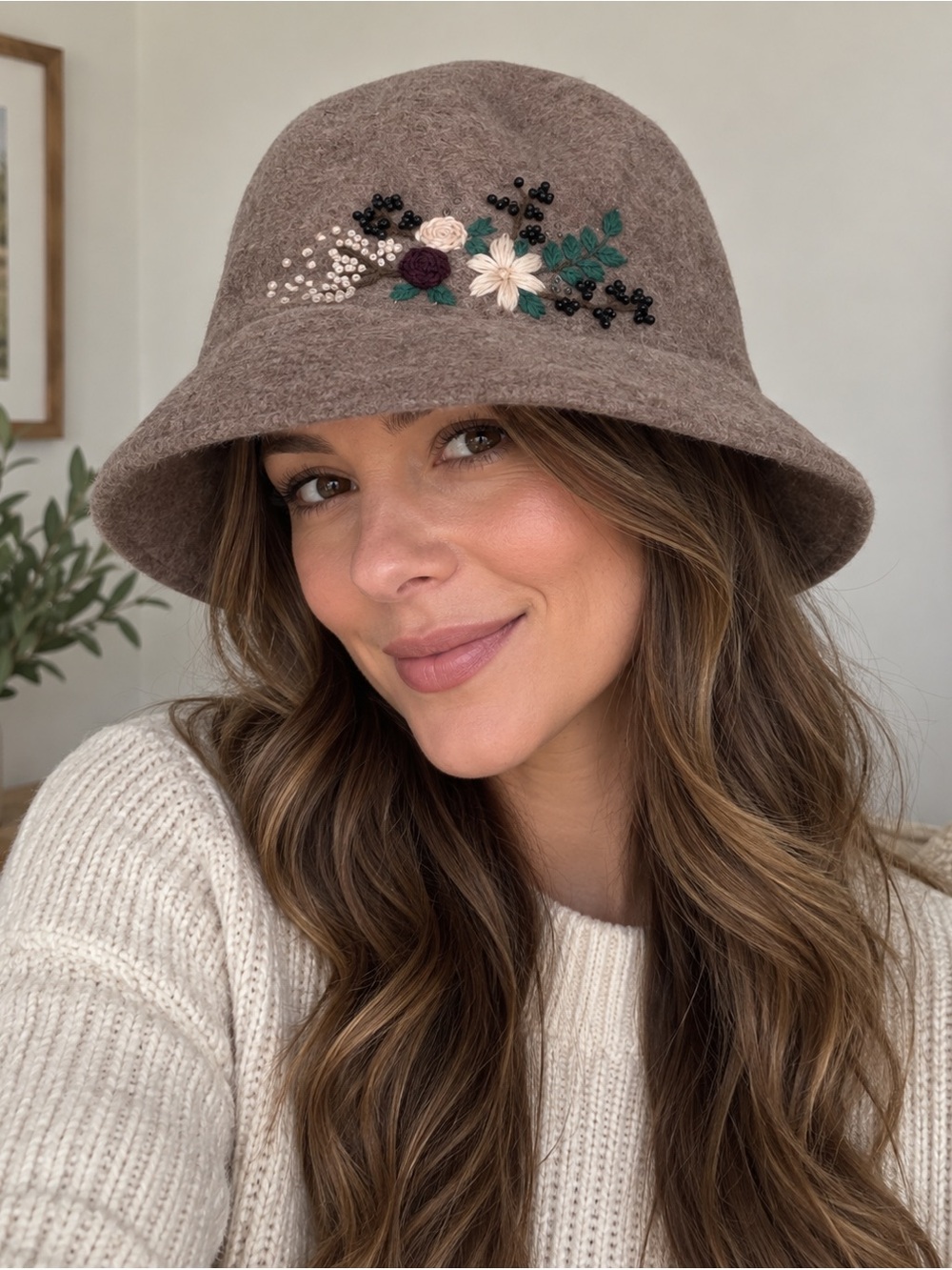 Coldwater Creek Wool Blend Floral Embroidered Cloche Hat Brown